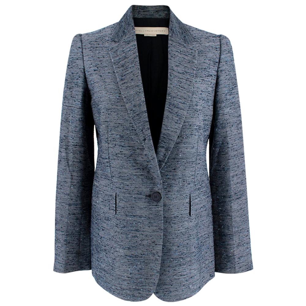 Stella McCartney Navy Textured Blazer

- Notched lapels
- Fully lined
- Single button
- Faux pockets
- Pile weave

Materials:
Main:
- 54% Rayon
- 17% Silk
- 16% Cotton
- 13% Polyester
Lining:
- 52% Rayon
- 48% Cotton
Sleeve Lining:
- 100%