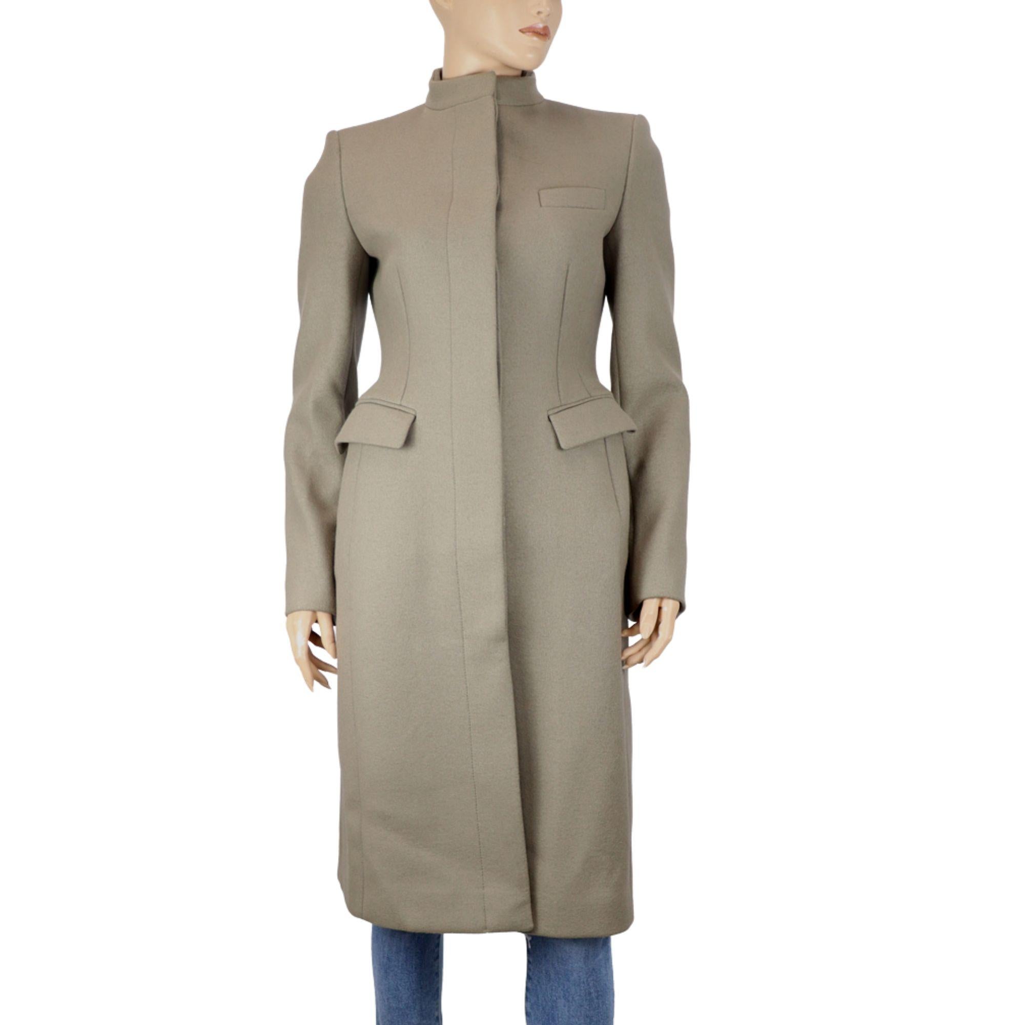 Stella McCartney Beige/ Grey Wool Below the Knee Midi Coat, Cinched waist with pockets and high neck.

Material: Wool
Condition Overall: New With Tags
Tag Size IT 40
Shoulder Width 42cm
Bust: 93m 
Waist: 75cm
Hips: 100cm
Length: 105cm
Side Seam