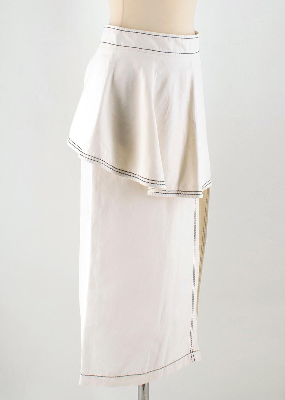 Stella McCartney Off-white Ruffle Straight Skirt 

- Off-white Straight Skirt
- Ruffle detail layer 
- back button fastening
- Front slit 
- Black stitched detailing
- 40%Polyamide, 36%Cotton, 24% Linen 

Please note, these items are pre-owned and