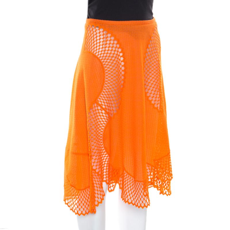 Stella McCartney Orange Cotton and Mesh Lace Scalloped A Line Skirt M In New Condition In Dubai, Al Qouz 2