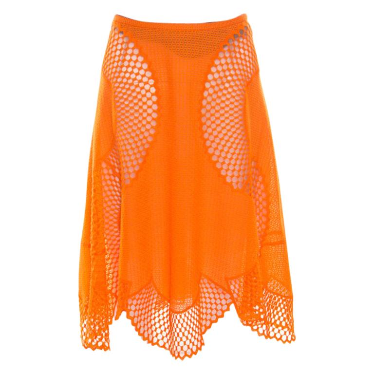 Stella McCartney Orange Cotton and Mesh Lace Scalloped A Line Skirt M