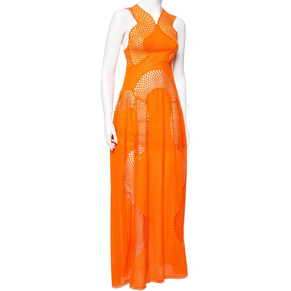 Stella McCartney Orange Lace & Mesh Inset Sleeveless Maxi Dress XS In Good Condition For Sale In Dubai, Al Qouz 2