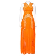 Stella McCartney Orangefarbenes ärmelloses Maxikleid aus Spitze und Mesh mit Intarsien XS