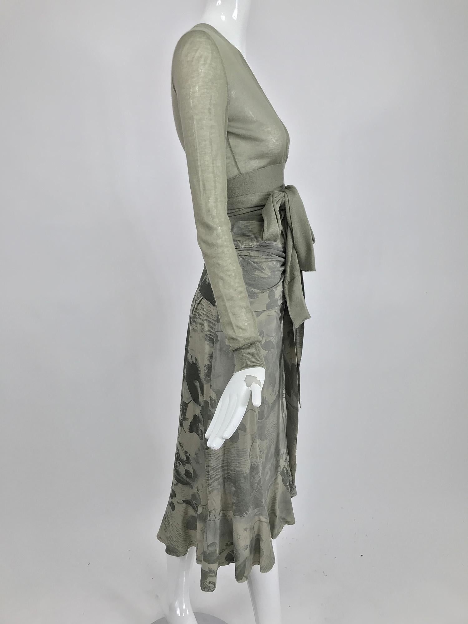 Stella McCartney Photo Print Sage Green Skirt and Wrap Sweater Set  In Good Condition In West Palm Beach, FL