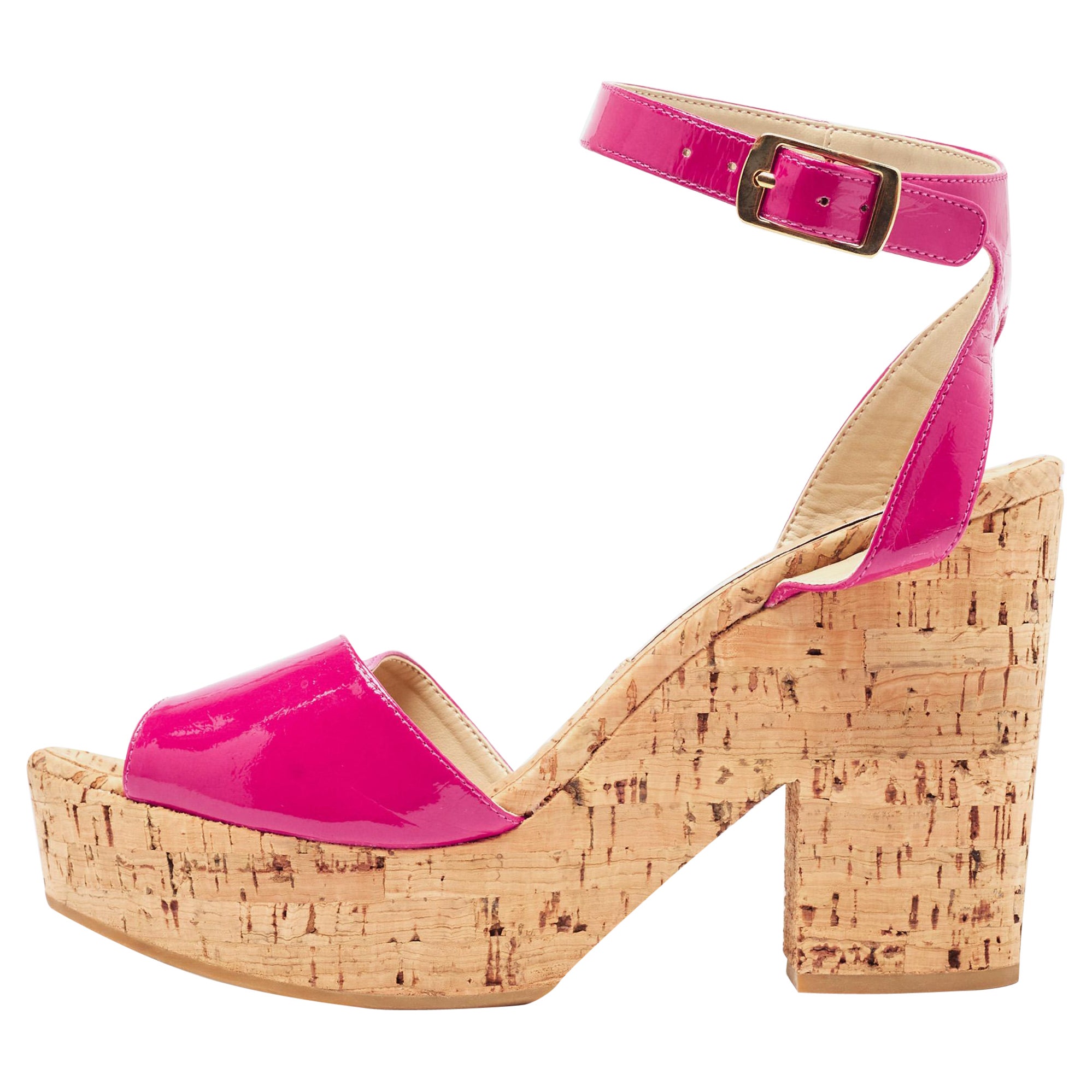 Stella McCartney Sandales à lanières roses à plateforme en faux vernis et liège, taille 39 en vente