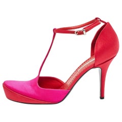 Stella McCartney Pink/Red Satin T-Bar Ankle Strap Pumps Size 38