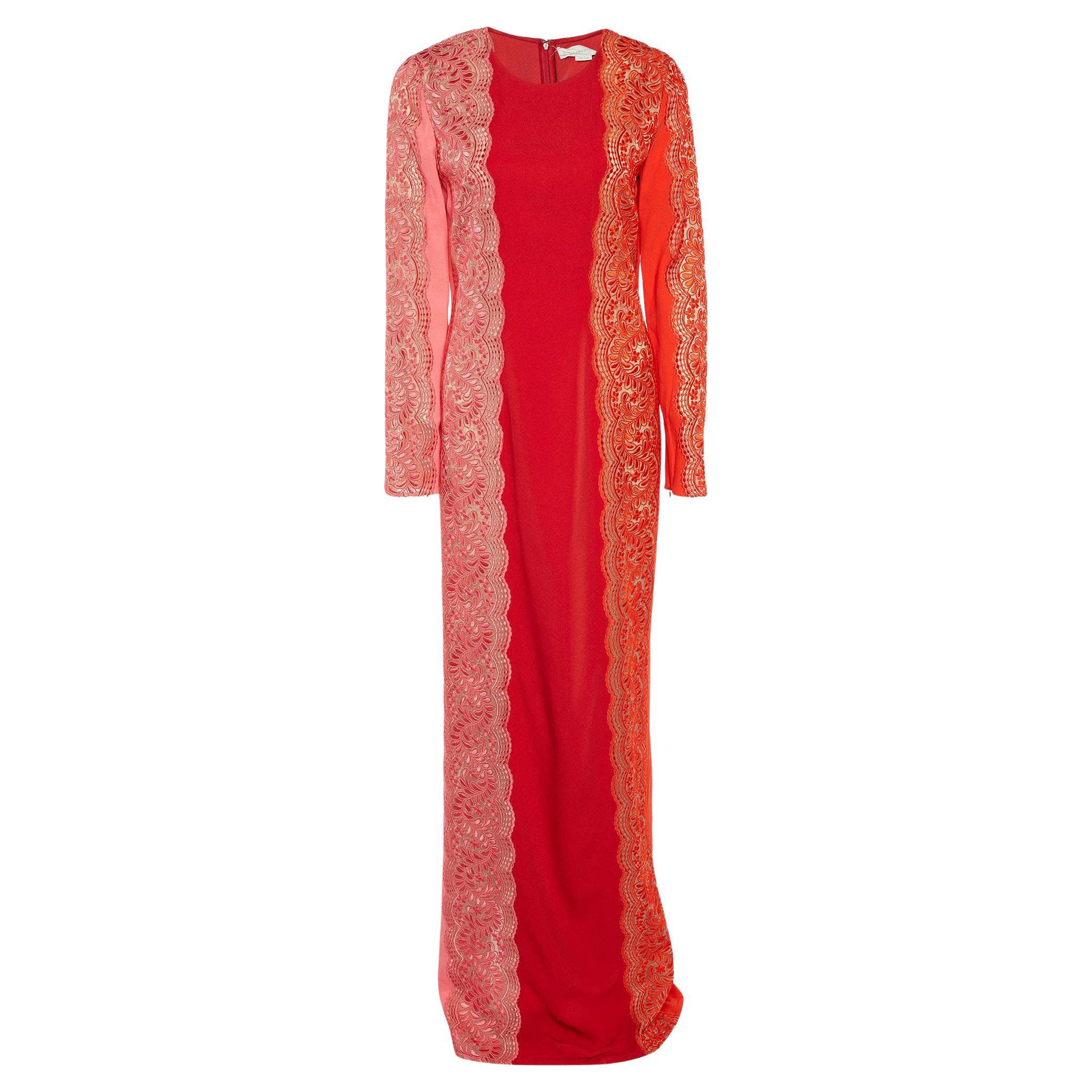 Stella McCartney Red & Pink Embroidered Paneled Crepe Maxi Dress M For Sale