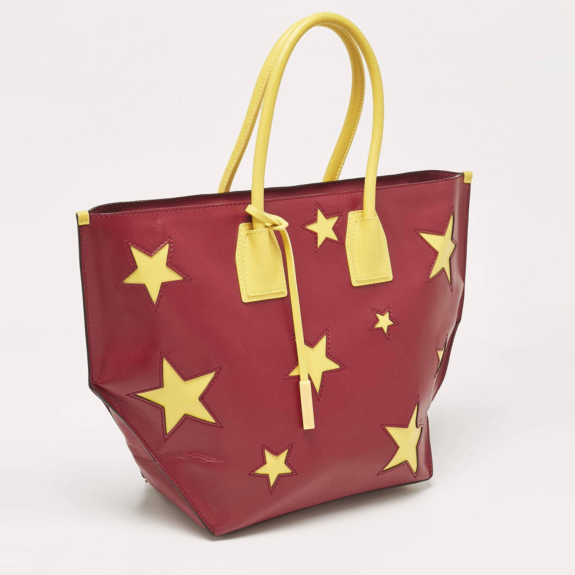 Brown Stella McCartney Red/Yellow Faux Leather Large Star Cavendish Zip Tote For Sale