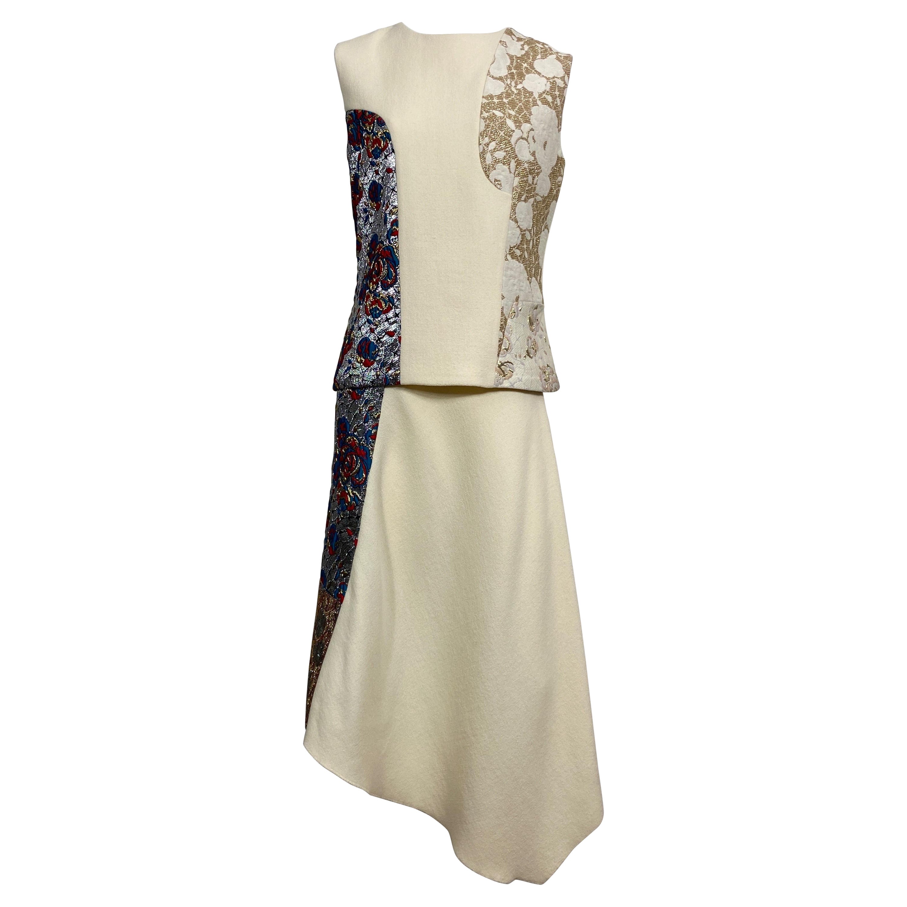 Ensemble de défilé Stella McCartney automne 2015 en laine ivoire et brocart multicolore, taille 42