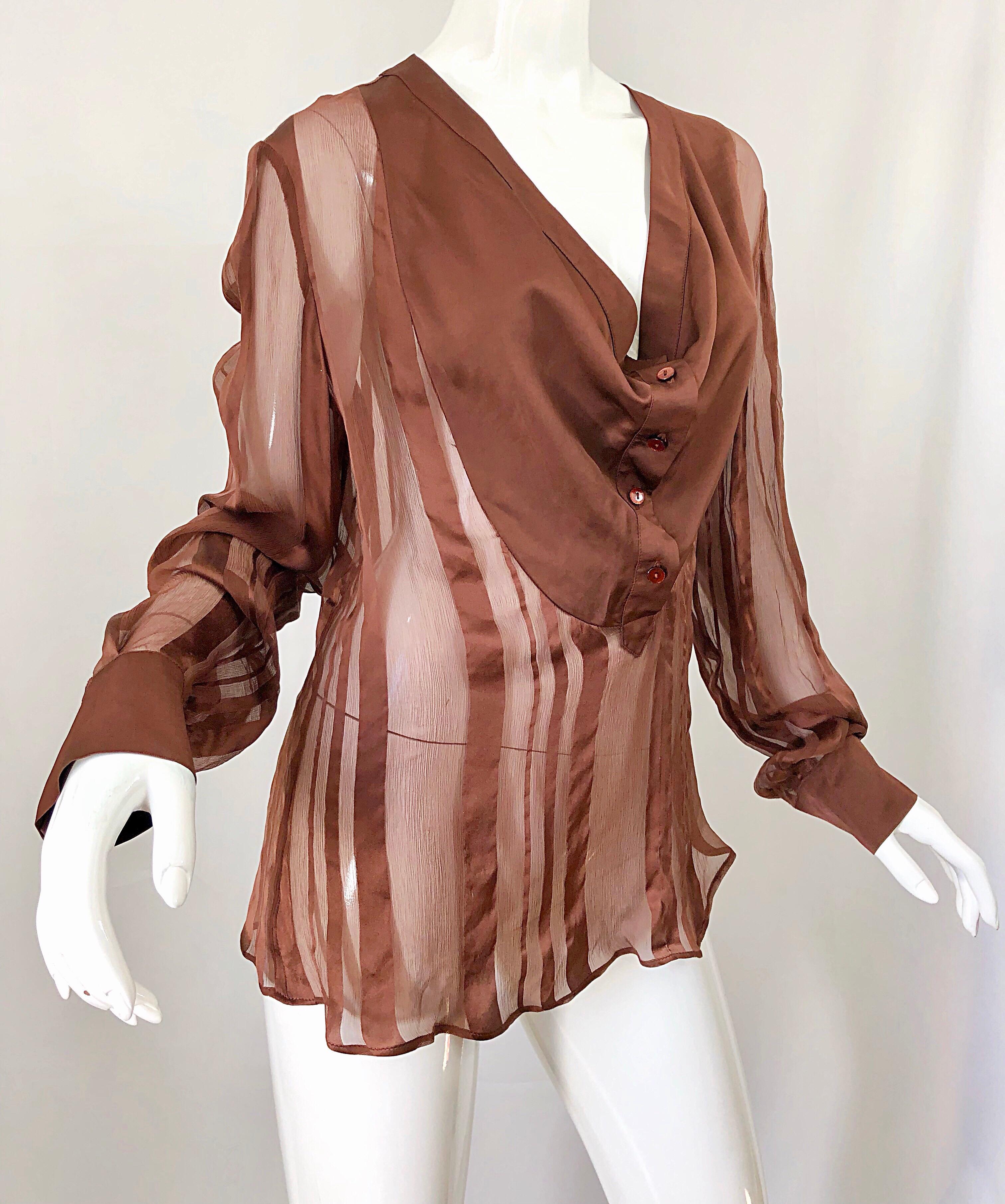 STELLA MCCARTNEY Rust Brown Silk Chiffon Avant Garde Semi Sheer Blouse Shirt Top 4
