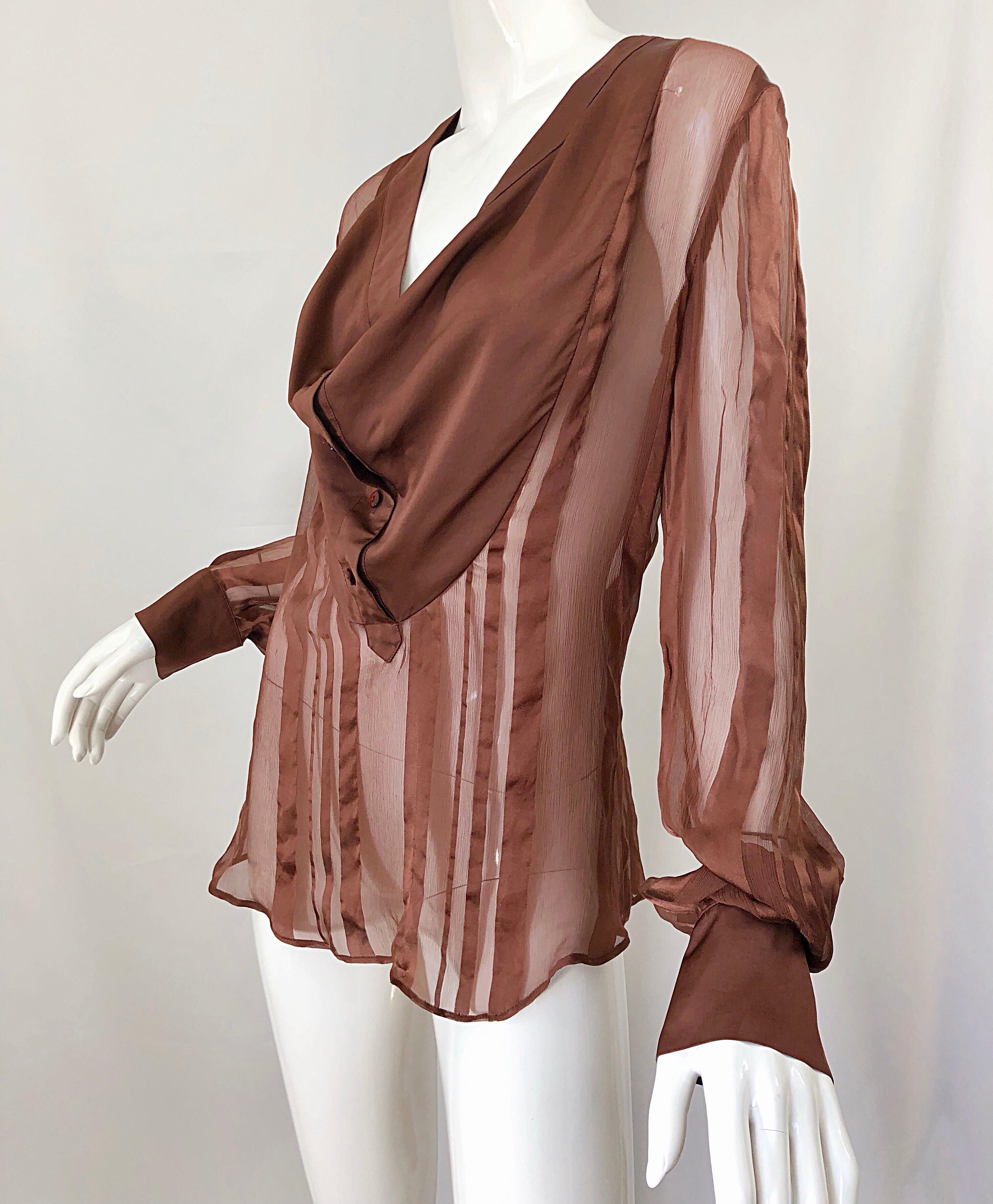 STELLA MCCARTNEY Rust Brown Silk Chiffon Avant Garde Semi Sheer Blouse Shirt Top 5
