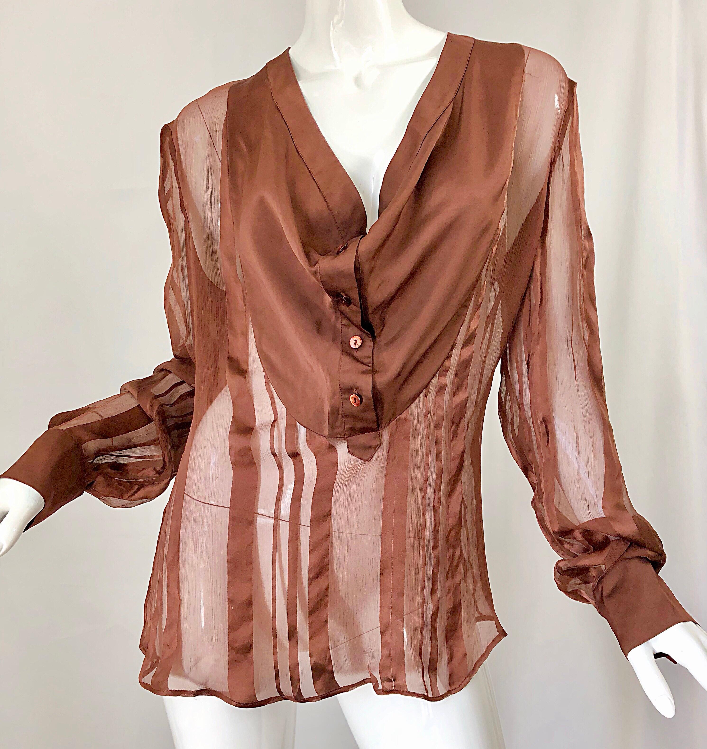 STELLA MCCARTNEY Rust Brown Silk Chiffon Avant Garde Semi Sheer Blouse Shirt Top 6