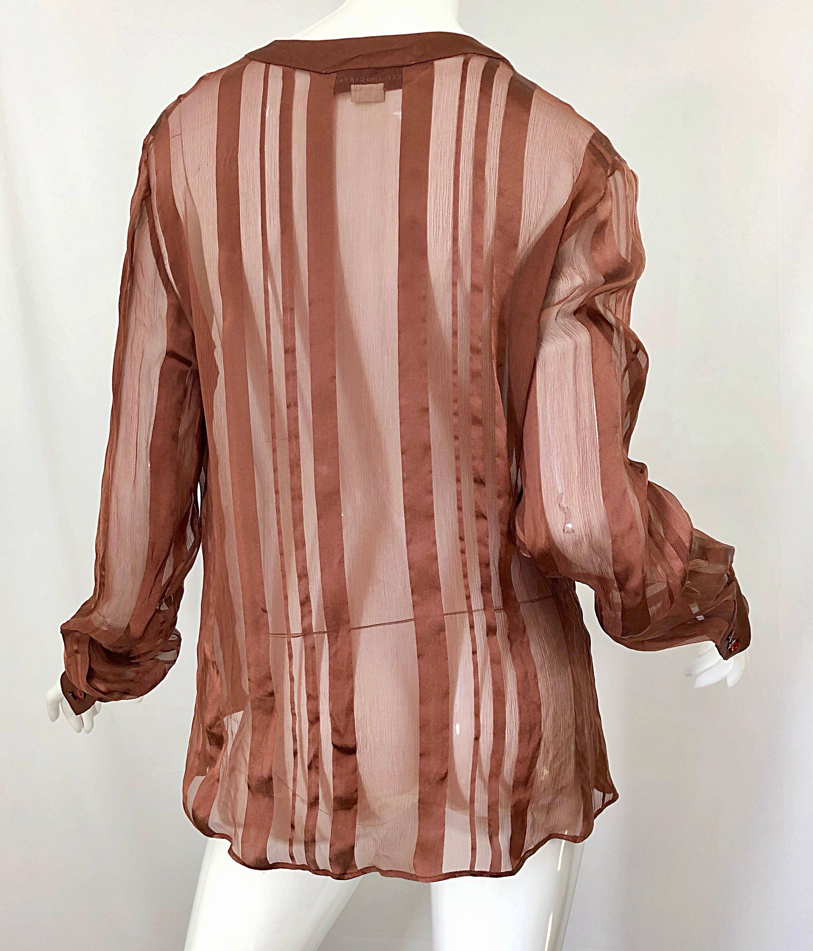 STELLA MCCARTNEY Rust Brown Silk Chiffon Avant Garde Semi Sheer Blouse Shirt Top 7