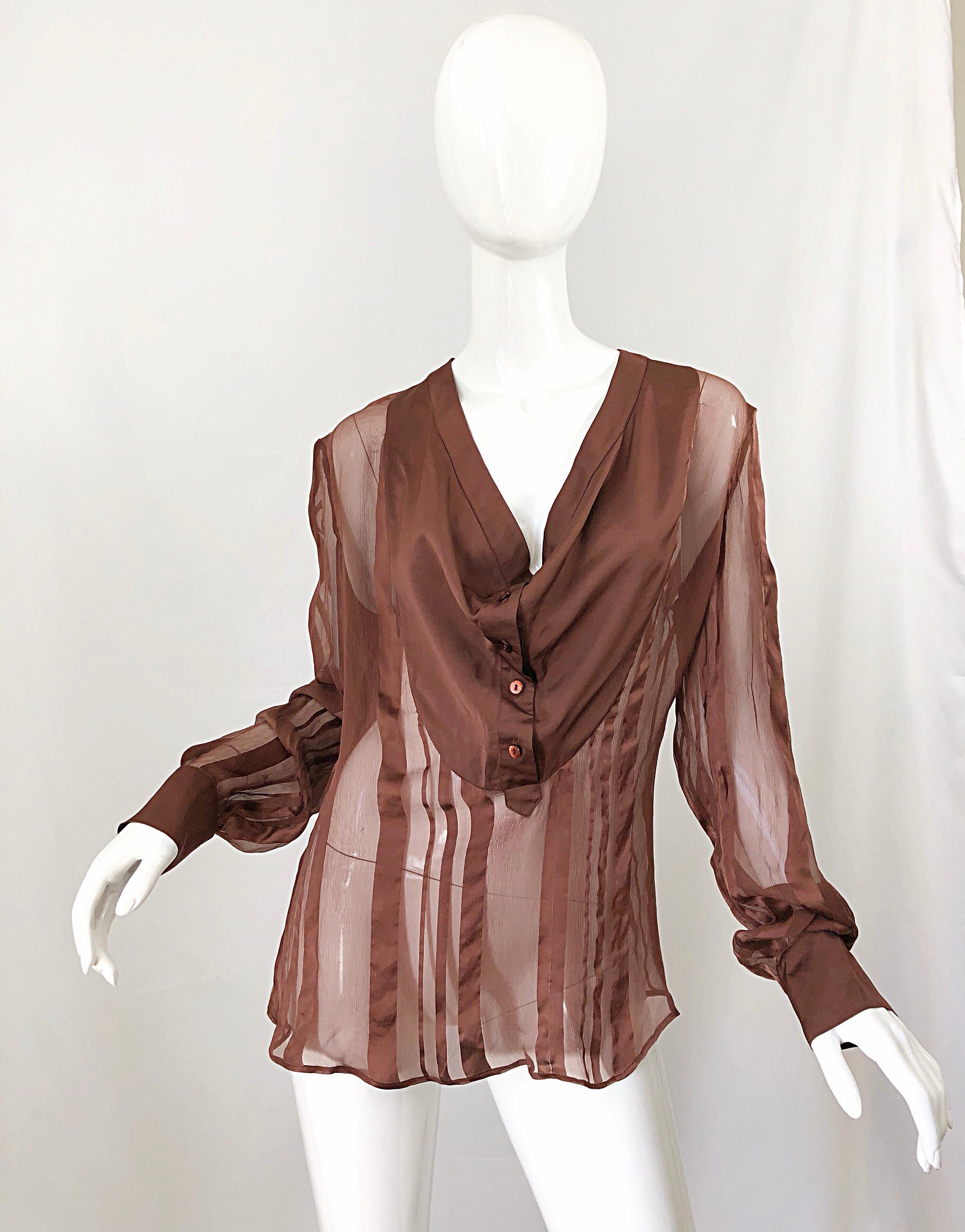 STELLA MCCARTNEY Rust Brown Silk Chiffon Avant Garde Semi Sheer Blouse Shirt Top 8