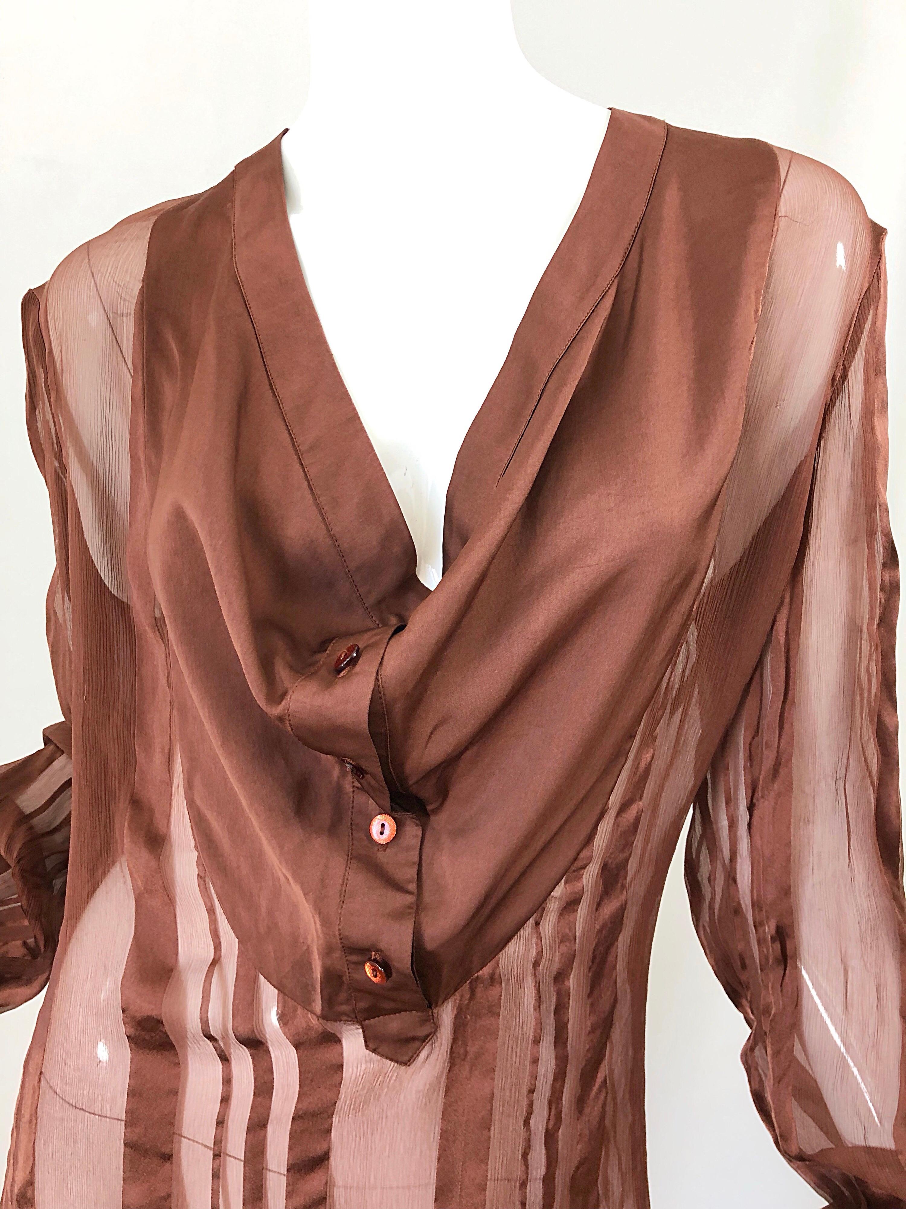 Women's STELLA MCCARTNEY Rust Brown Silk Chiffon Avant Garde Semi Sheer Blouse Shirt Top