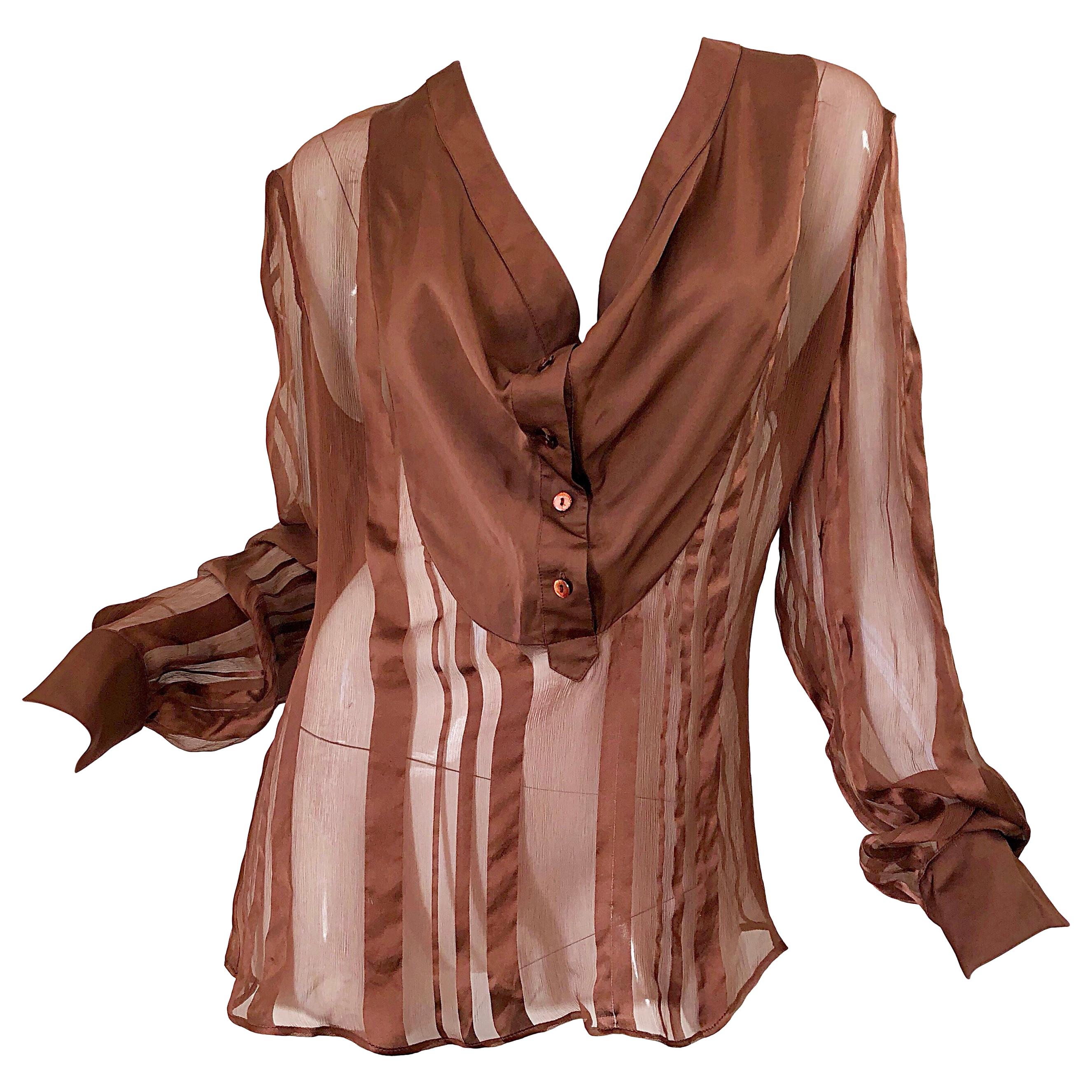 STELLA MCCARTNEY Rust Brown Silk Chiffon Avant Garde Semi Sheer Blouse Shirt Top