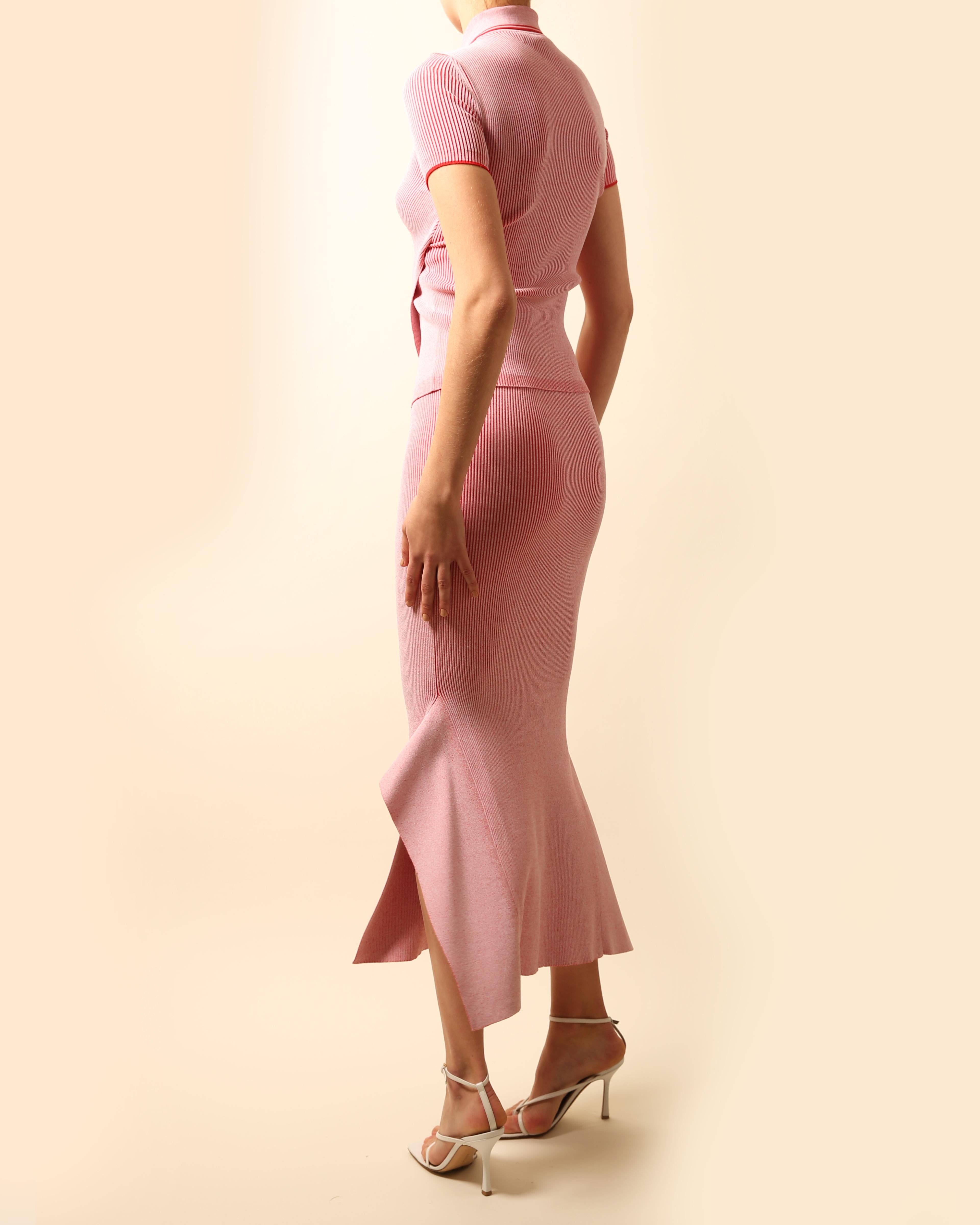 Stella McCartney S/S 2016 pink red rubbed button up polo top and skirt ensemble For Sale 3