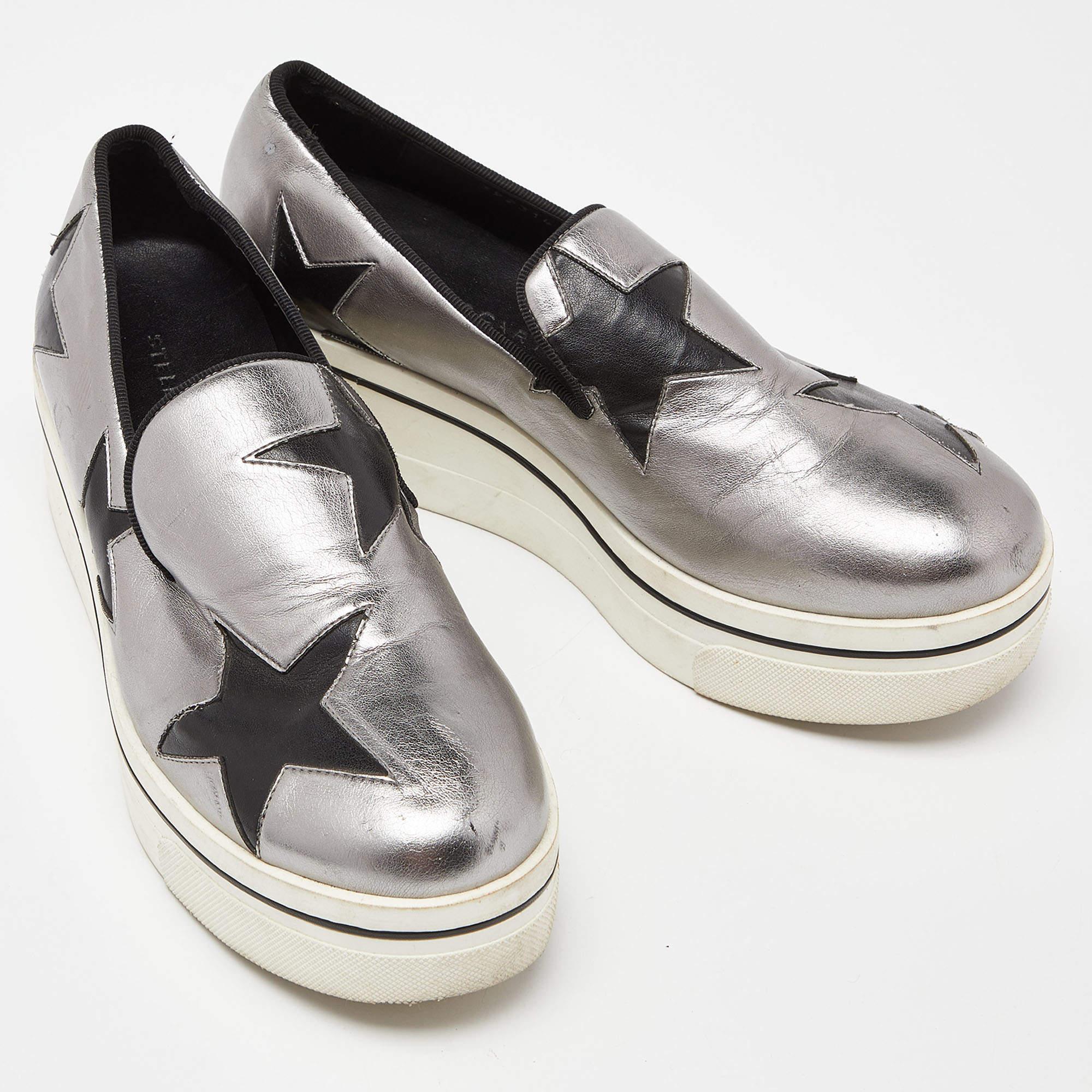 Women's Stella McCartney Silver/Black Faux Leather Binx Star Slip On Sneakers Size 37 For Sale