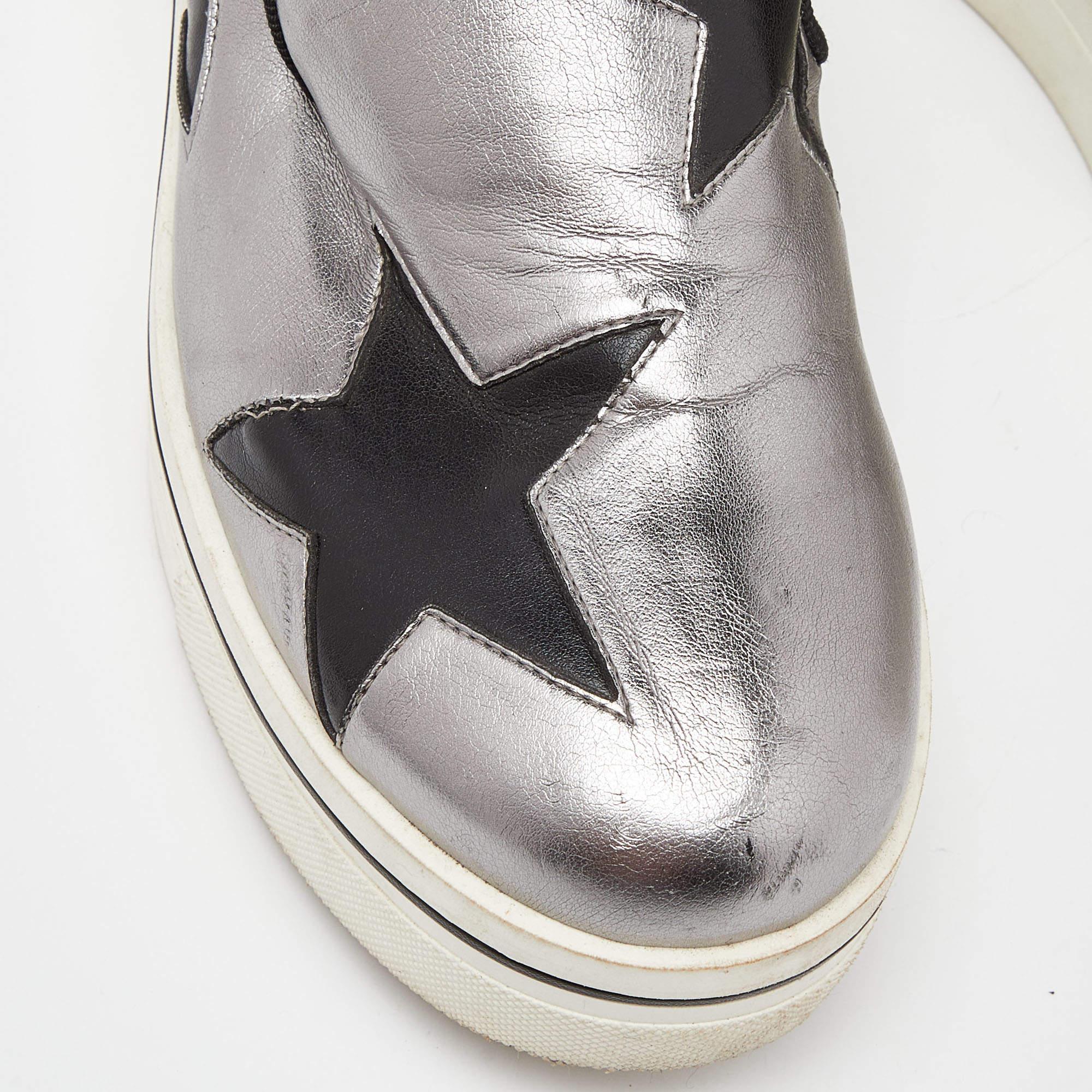Stella McCartney Silver/Black Faux Leather Binx Star Slip On Sneakers Size 37 For Sale 1