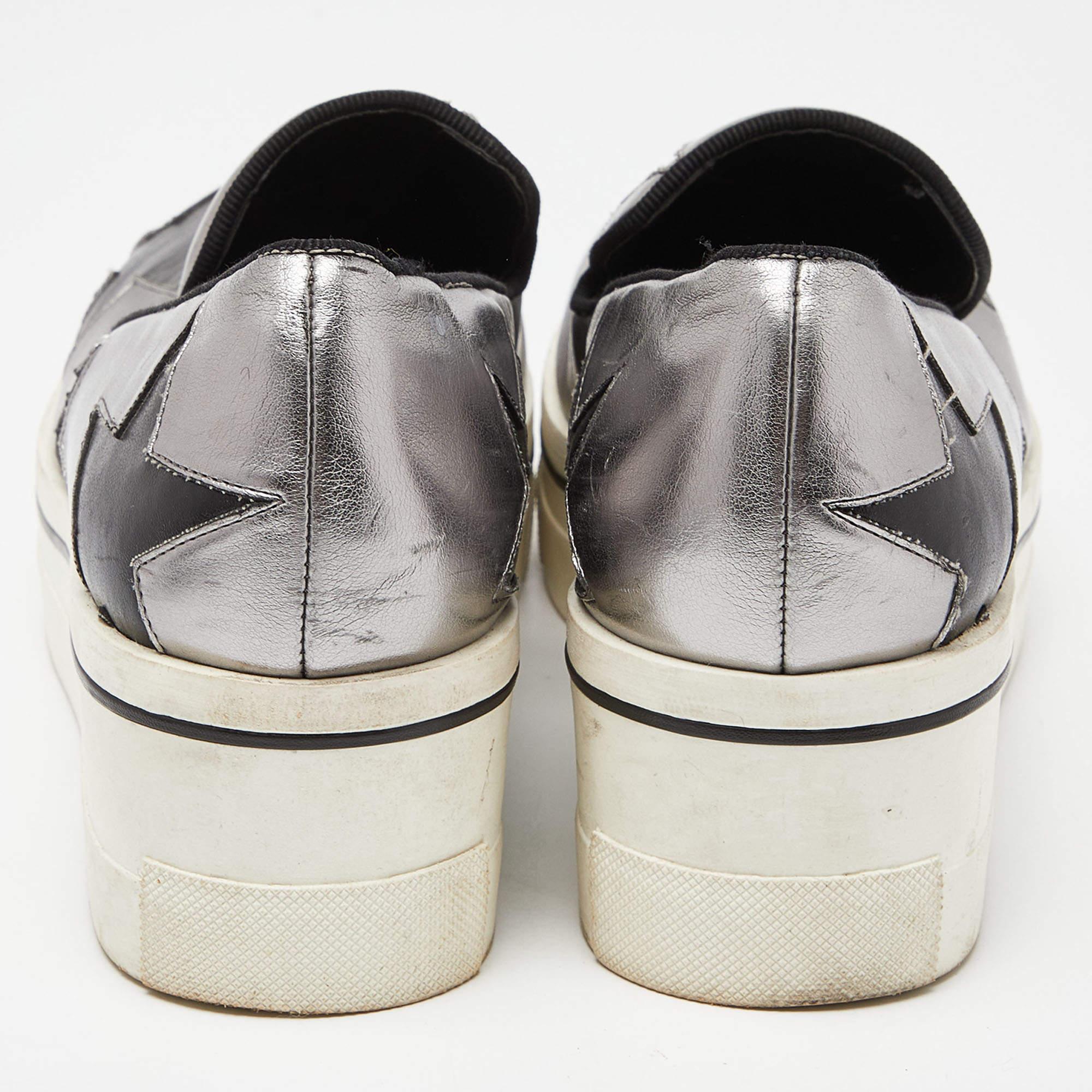 Stella McCartney Silver/Black Faux Leather Binx Star Slip On Sneakers Size 37 For Sale 3