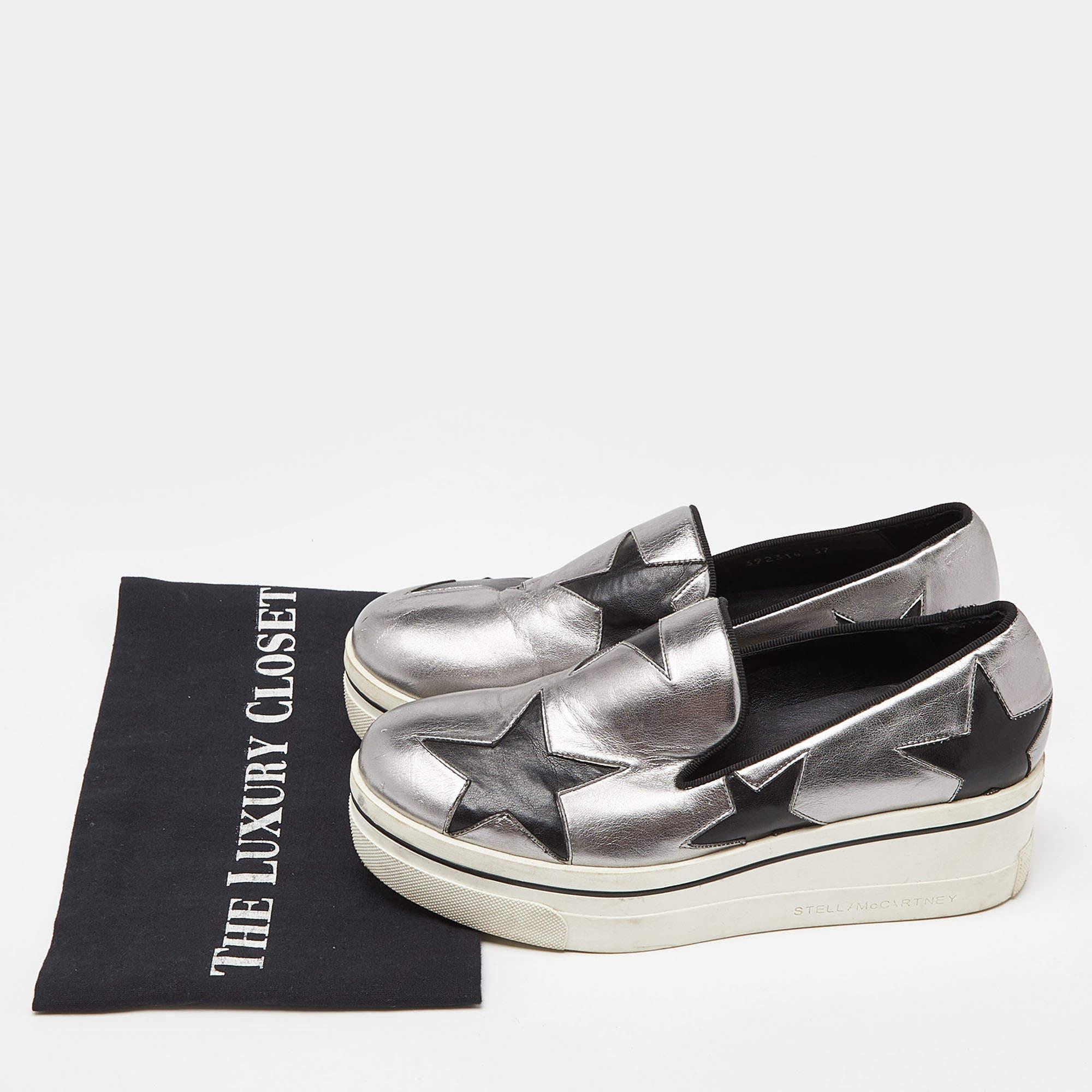 Stella McCartney Silver/Black Faux Leather Binx Star Slip On Sneakers Size 37 For Sale 5