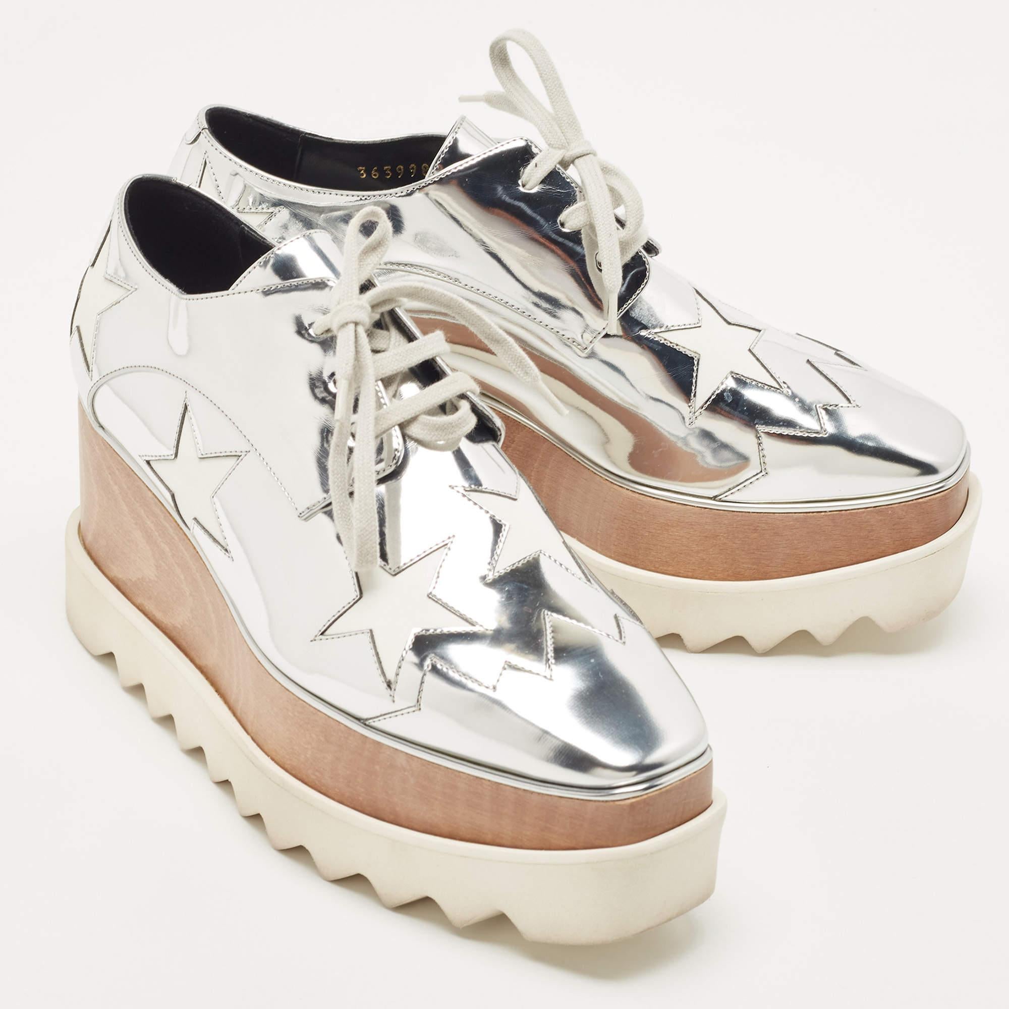 Women's Stella McCartney Silver Faux Leather Elyse Star Wedge Sneakers Size 38