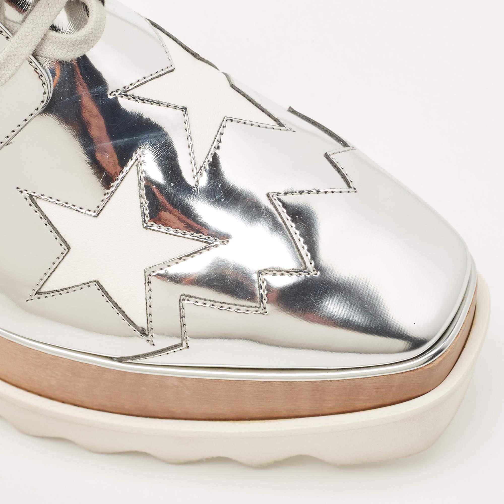 Stella McCartney Silver Faux Leather Elyse Star Wedge Sneakers Size 38 1