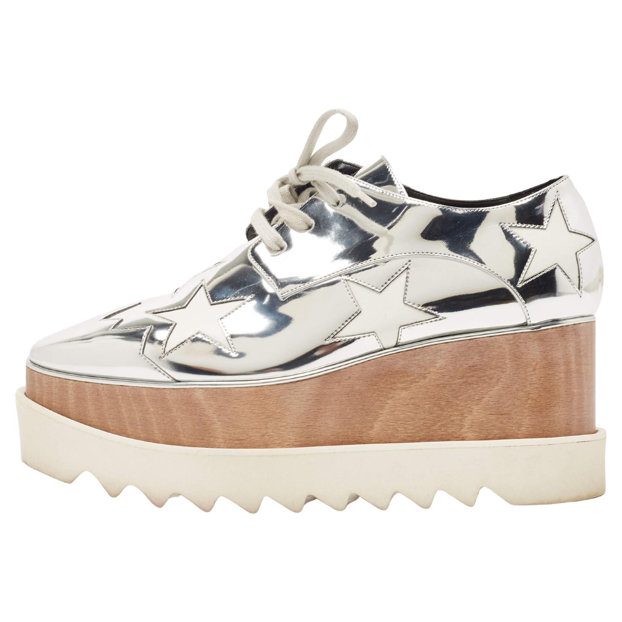 Stella McCartney Silver Faux Leather Elyse Star Wedge Sneakers Size 38