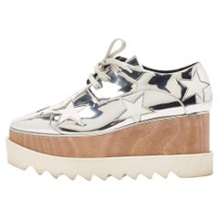 Stella McCartney Silver Faux Leather Elyse Star Wedge Sneakers Size 38