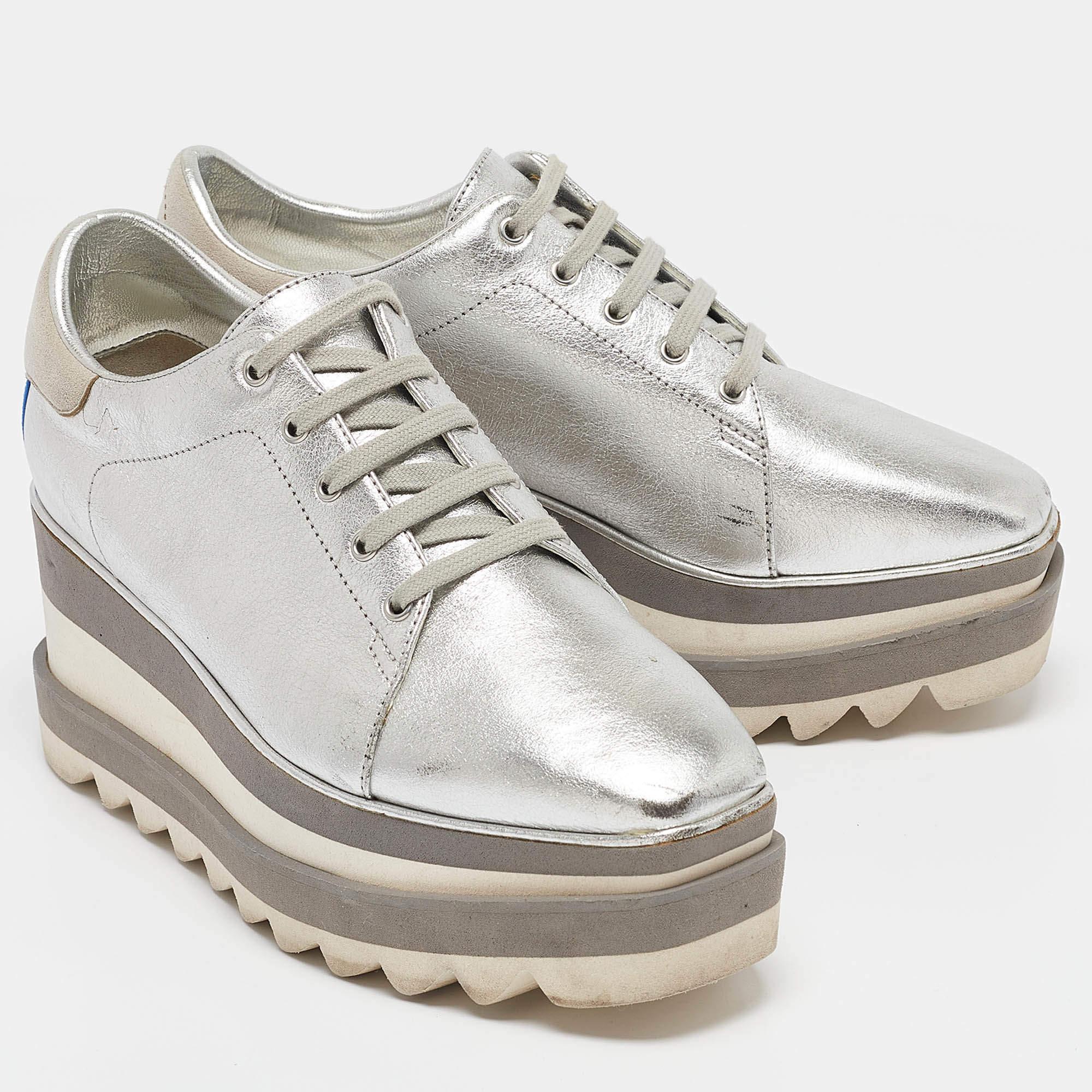 Women's Stella McCartney Silver Faux Leather Elyse Wedge Sneakers Size 36
