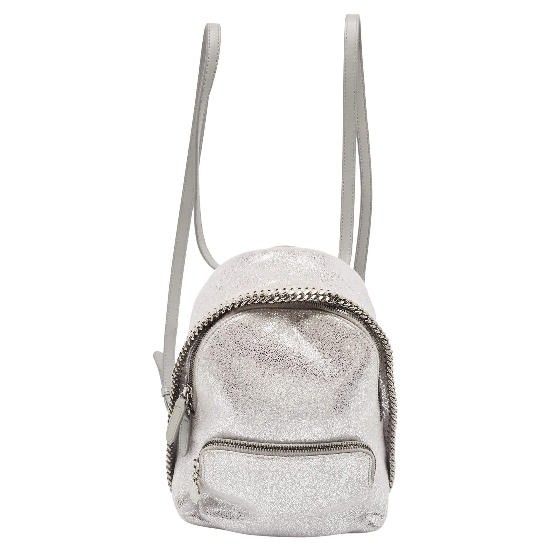 Stella McCartney Silver Faux Leather Falabella Backpack For Sale