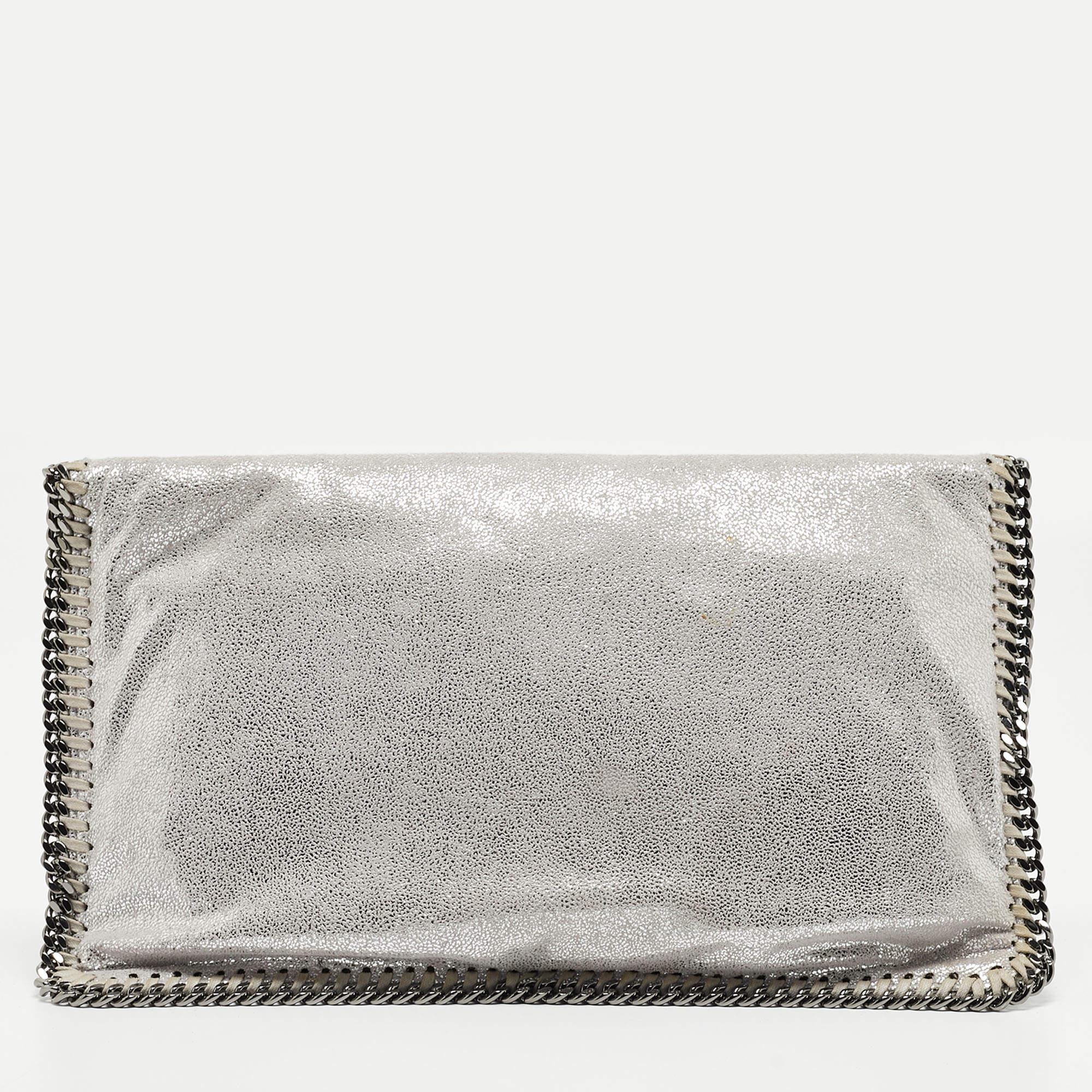 Stella McCartney Silver Faux Leather Falabella Fold-Over Clutch For Sale 7