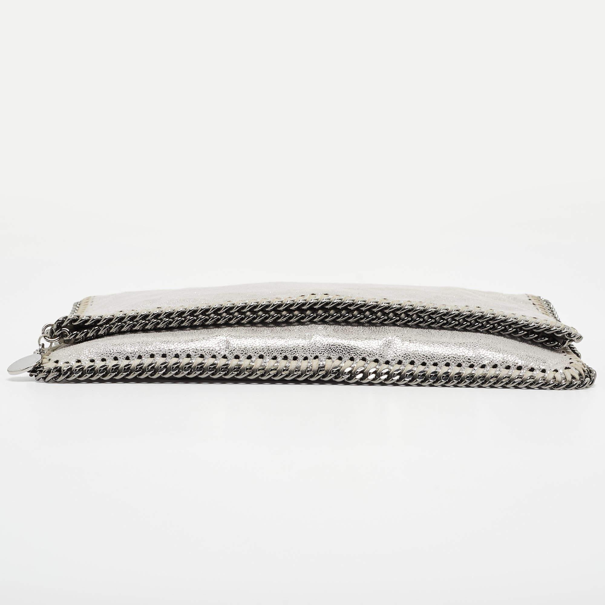 Stella McCartney Silver Faux Leather Falabella Fold-Over Clutch For Sale 4