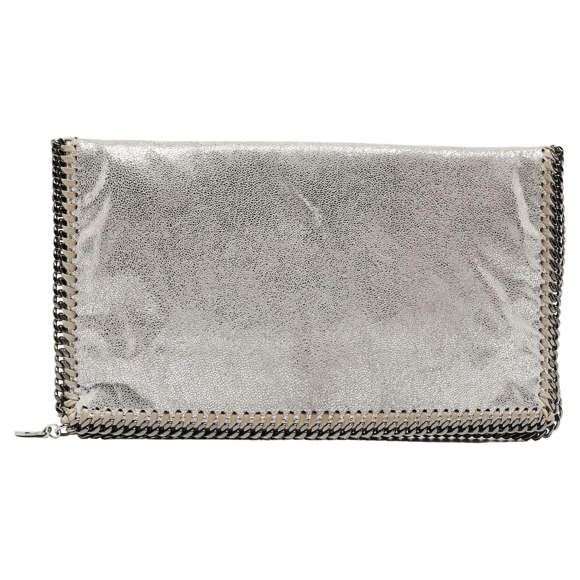 Stella McCartney Silver Faux Leather Falabella Fold-Over Clutch For Sale