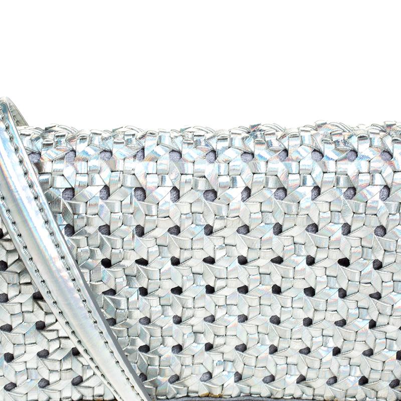 Stella McCartney Silver Holographic Woven Leather Flap Crossbody Bag 6