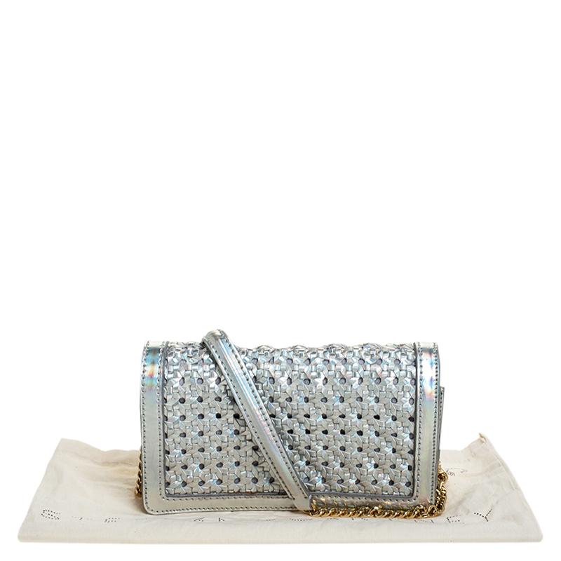 Stella McCartney Silver Holographic Woven Leather Flap Crossbody Bag 8