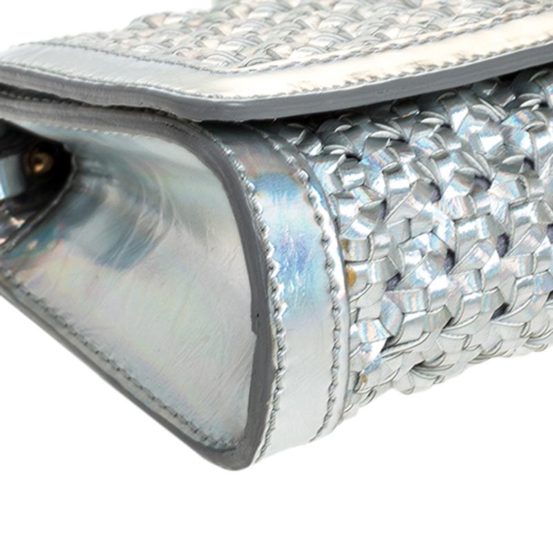 Women's Stella McCartney Silver Holographic Woven Leather Flap Crossbody Bag