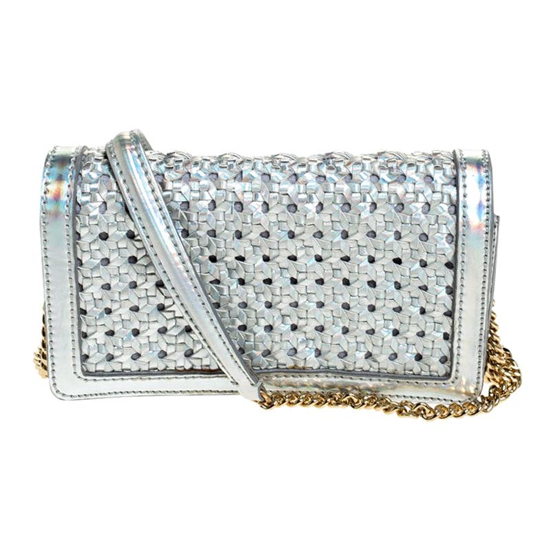 Stella McCartney Silver Holographic Woven Leather Flap Crossbody Bag