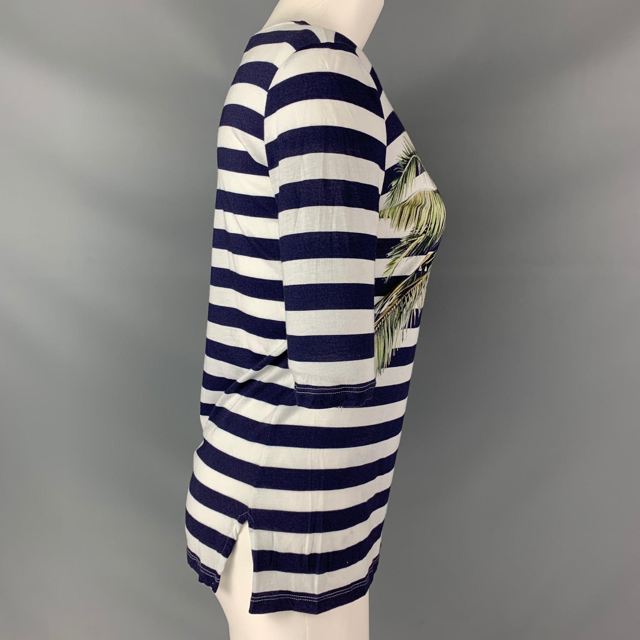 Women's STELLA McCARTNEY Size 4 Blue & White Palm Tree Cotton Stripe T-Shirt For Sale