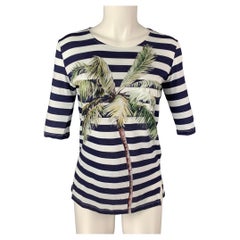 STELLA McCARTNEY Size 4 Blue & White Palm Tree Cotton Stripe T-Shirt