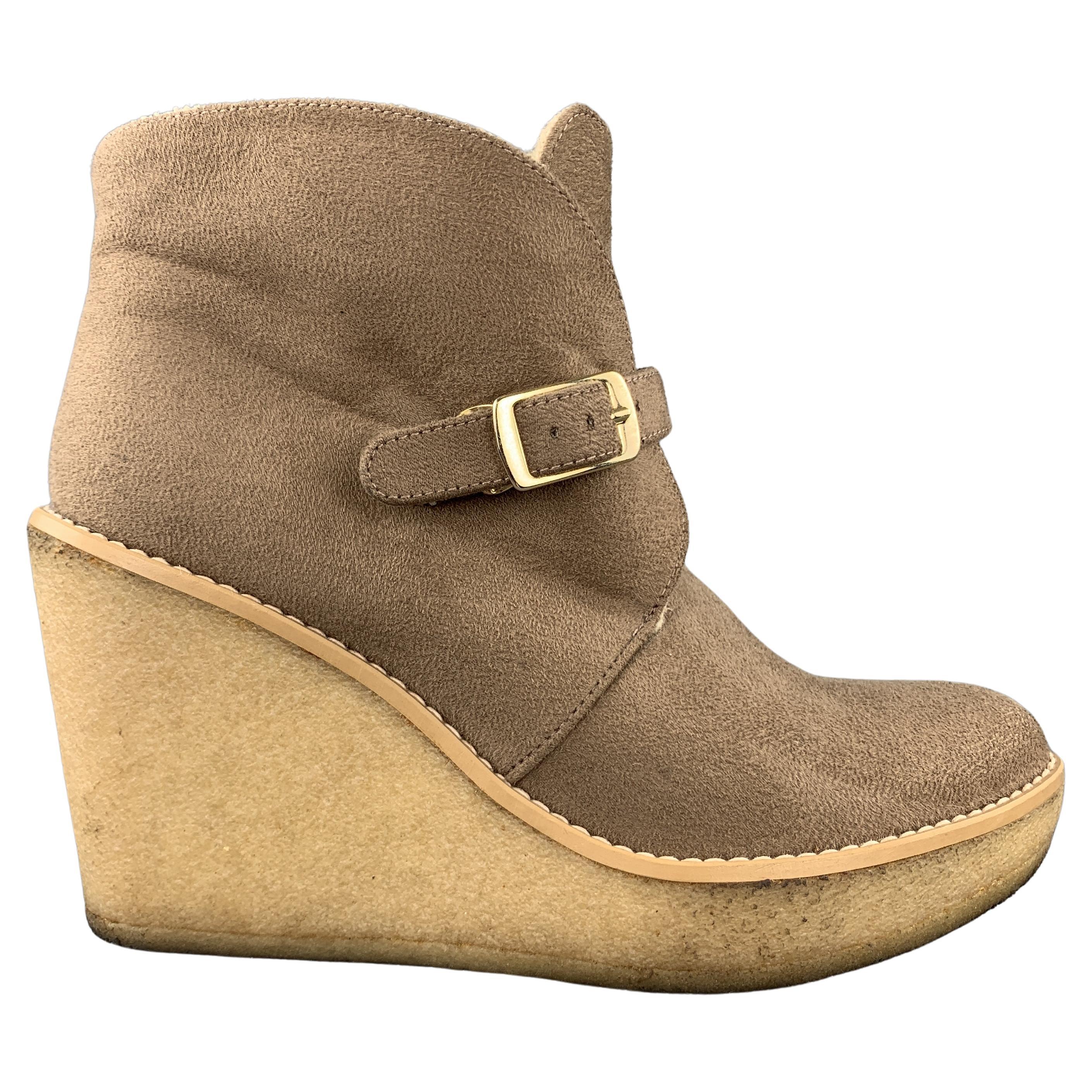 STELLA McCARTNEY Size 7 Taupe Faux Shearling Gum Wedge Boots For Sale