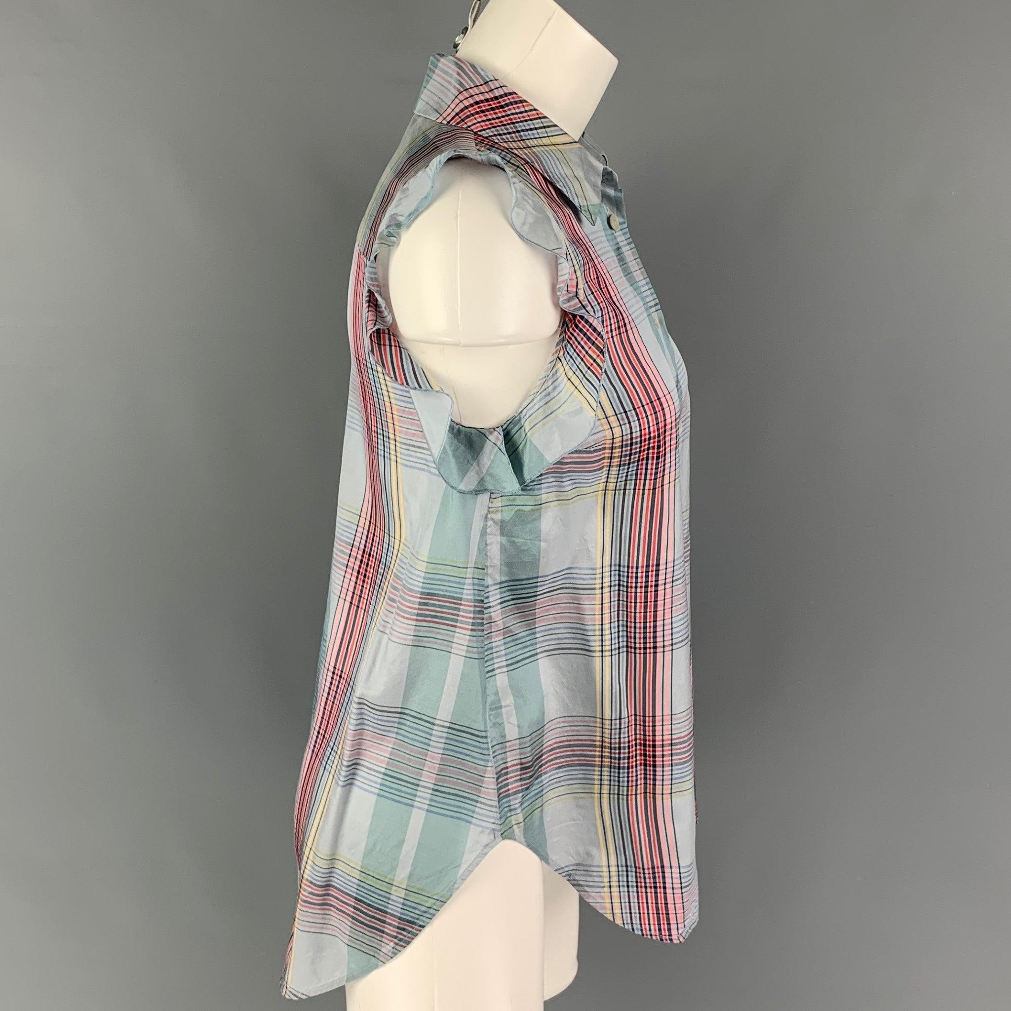 STELLA McCARTNEY blouse comes in a multi-color plaid silk featuring a sleeveless style, ruffled hem, spread collar, and a button up closure.
Very Good
Pre-Owned Condition. 

Marked:   36 

Measurements: 
 
Shoulder: 12.5 inches  Bust: 30 inches 