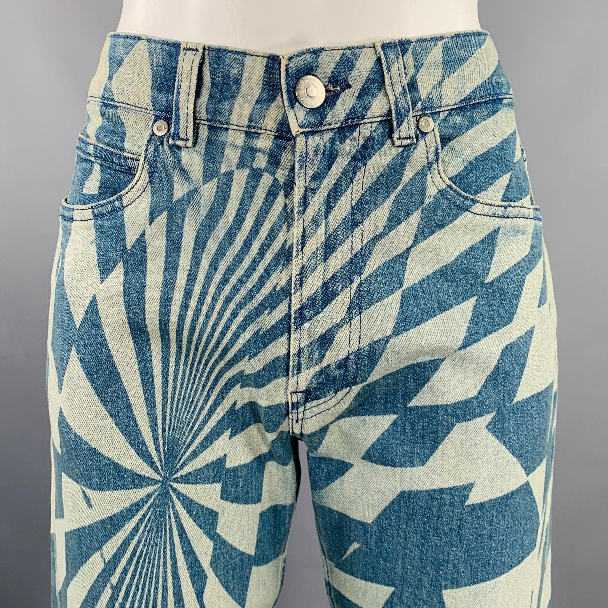 STELLA McCARTNEY x ED CURTIS jeans
in a blue and light blue cotton stretch blend fabric featuring an abstract print, straight leg, and zip fly closure. Made in Italy.Excellent Pre-Owned Condition. 

Marked:   XS 

Measurements: 
  Waist: 29 inches