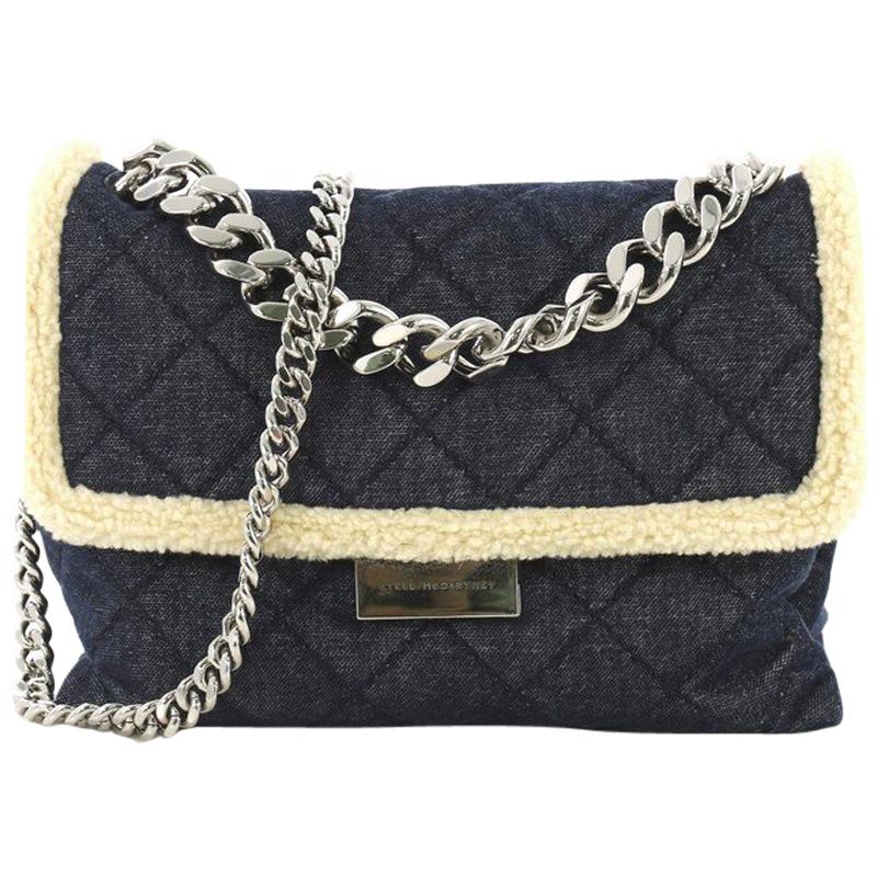 Stella McCartney Soft Beckett Shoulder Bag Quilted Denim with Faux Shearling Sma