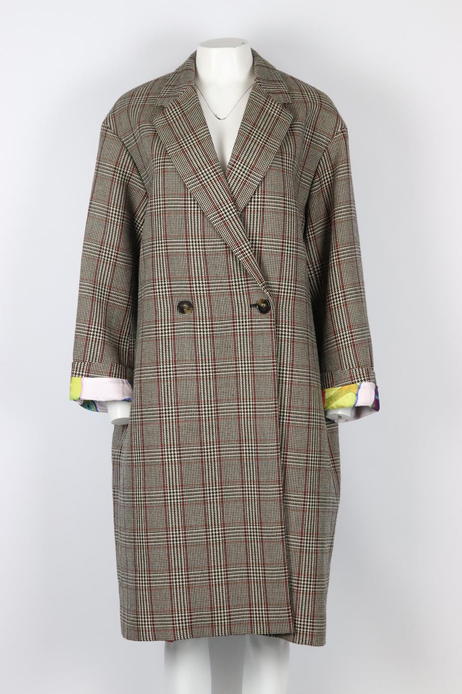 Stella McCartney + The Beatles double breasted checked wool coat. Multicoloured. Long sleeve, v-neck. Button fastening at front. 100% Wool; 100% viscose. Size: IT 46 (UK 14, US 10, FR 42). Shoulder to shoulder: 19 in. Bust: 46 in. Waist: 48 in.
