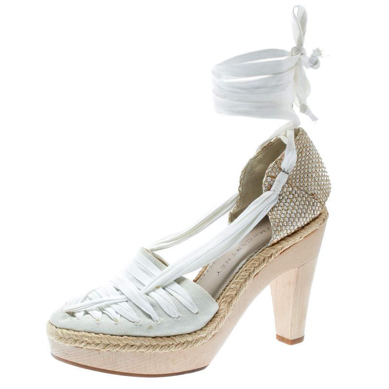 Stella McCartney White Canvas Espadrille Trim Tie Up Block Heel Sandals Size 38 In Good Condition For Sale In Dubai, Al Qouz 2