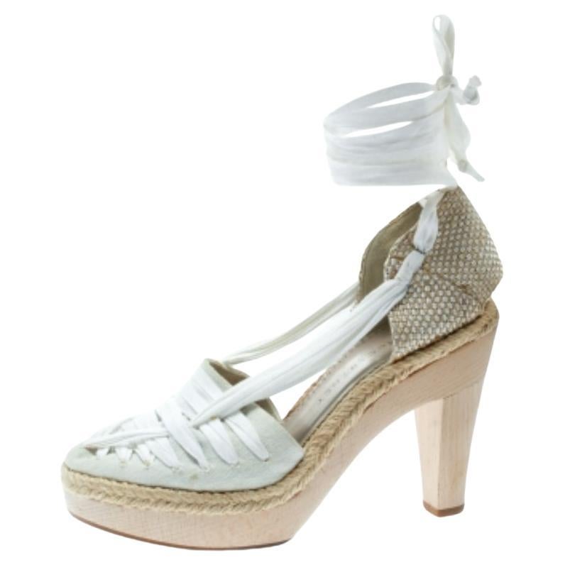 Stella McCartney Sandalias blancas de lona con alpargata y tacón bloqueado talla 38 en venta