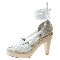 Stella McCartney White Canvas Espadrille Trim Tie Up Block Heel Sandals Size 38