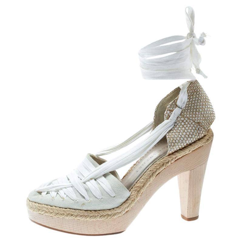 Stella McCartney White Canvas Espadrille Trim Tie Up Block Heel Sandals Size 38 For Sale