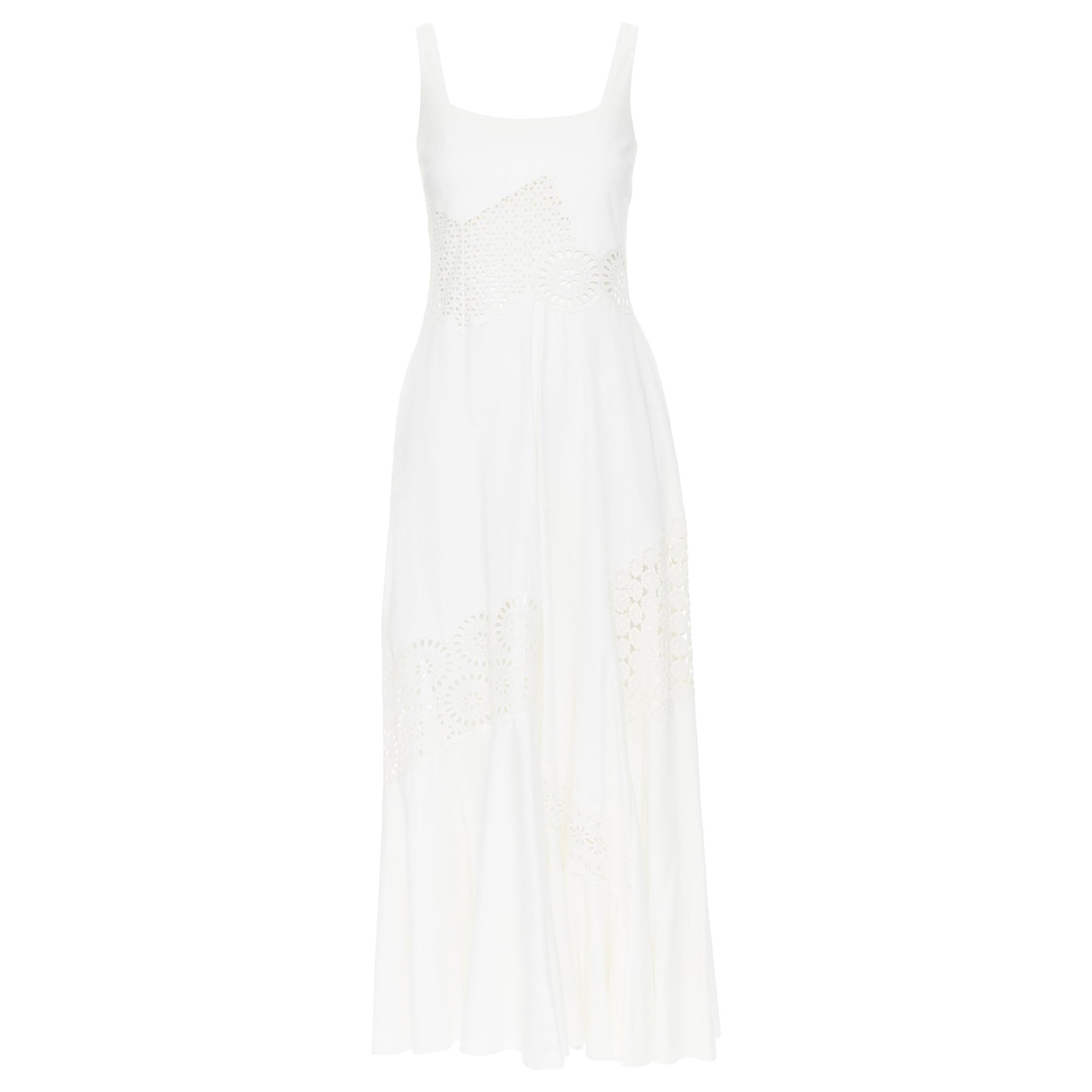 STELLA MCCARTNEY white cotton eyelet embroidery panel maxi dress IT34 XS